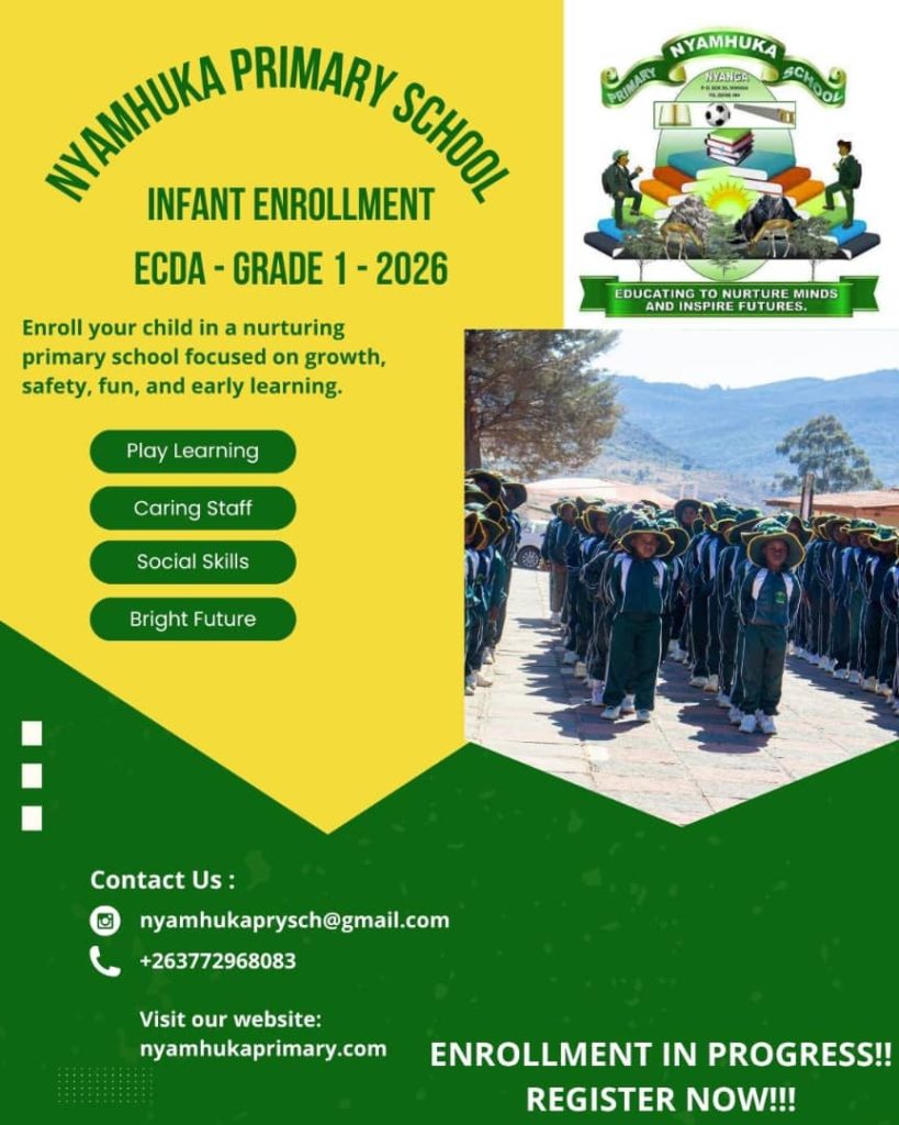 Advert showing enrollment for ECD A, ECD B, and Grade 1 at Nyamhuka Primary School